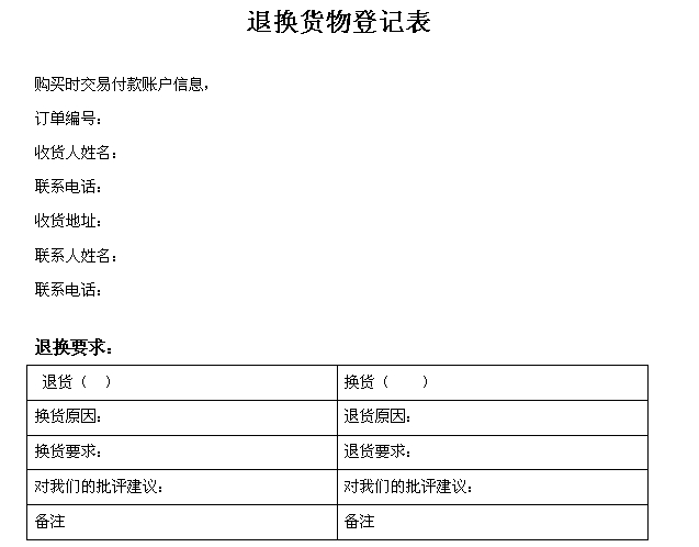 前进量具产品退换货物登记表